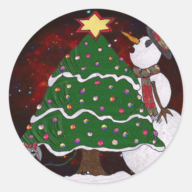 Weihnachtsbaum Snowman Überraschung Kunst drucken Runder Aufkleber (Vorderseite)