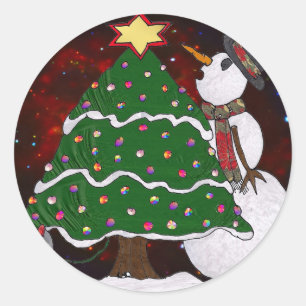 Weihnachtsbaum Snowman Überraschung Kunst drucken Runder Aufkleber