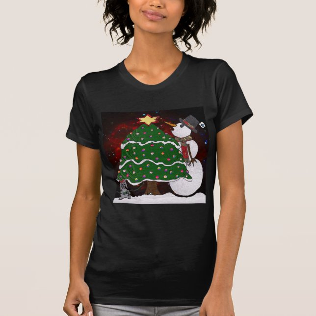 Weihnachtsbaum Snowman Überraschung Kunst drucken T-Shirt (Vorderseite)
