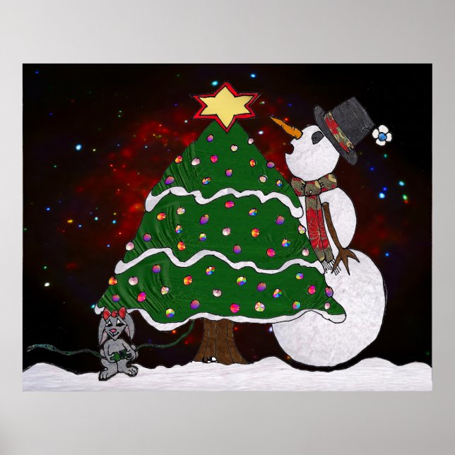 Weihnachtsbaum Snowman Überraschung Kunstdruckpost Poster (Vorne)
