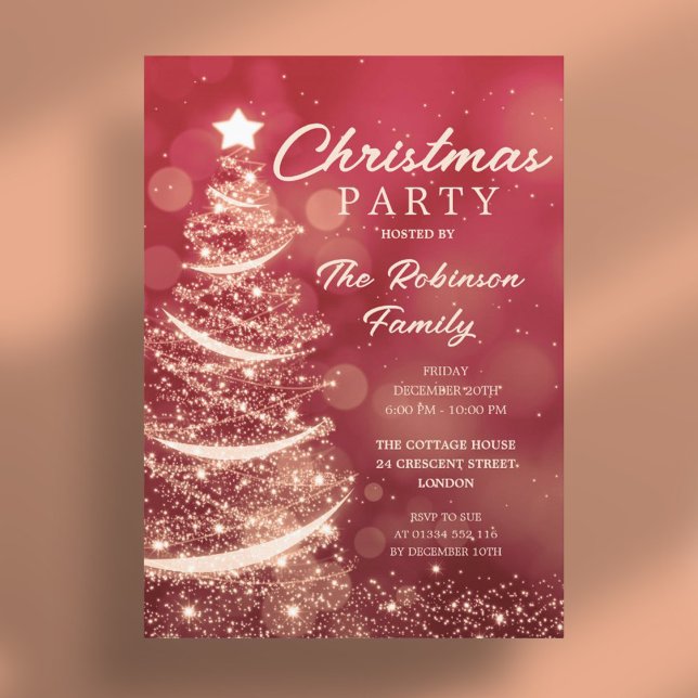 Weihnachtsbaum Sparkle Red Gold Weihnachtsfest Par Einladung (Christmas Tree Sparkle Red Gold Christmas Party Invitation)