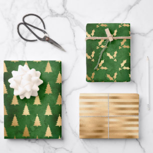 Weihnachtsbaum-Stechpalmen-Muster Grün Gold Geschenkpapier Set