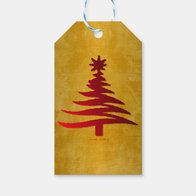 Weihnachtsbaum Stencil Red auf Gold Geschenkanhänger (Vorderseite)