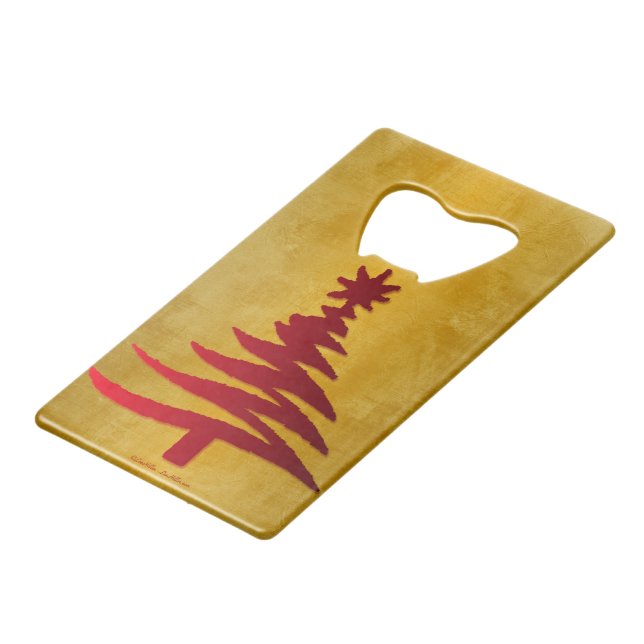 Weihnachtsbaum Stencil Red auf Gold Kreditkarten Flaschenöffner (Vorderseite Schrägansicht)