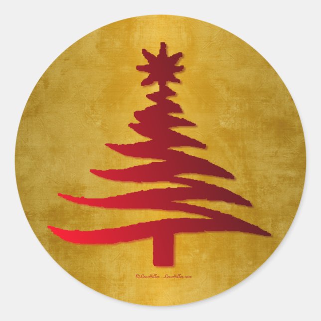 Weihnachtsbaum Stencil Red auf Gold Runder Aufkleber (Vorderseite)