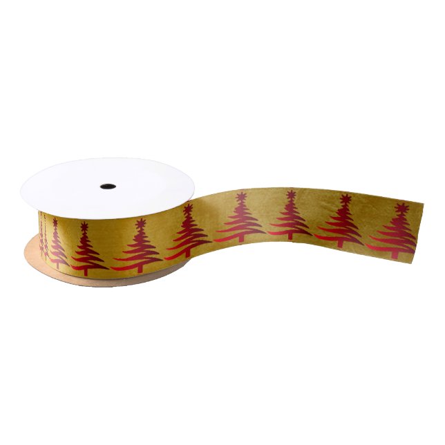 Weihnachtsbaum Stencil Red auf Gold Satinband (Spule)