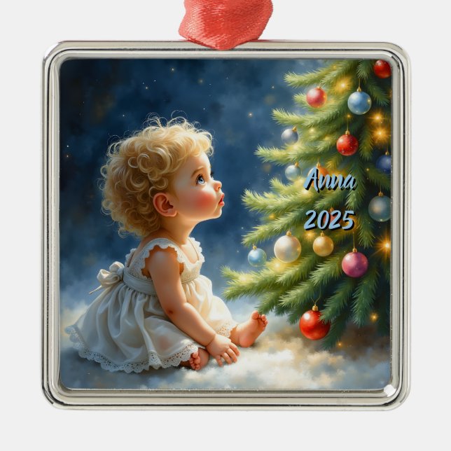 Weihnachtsbaum-Szene in der Nacht Ornament Aus Metall (Vorne)