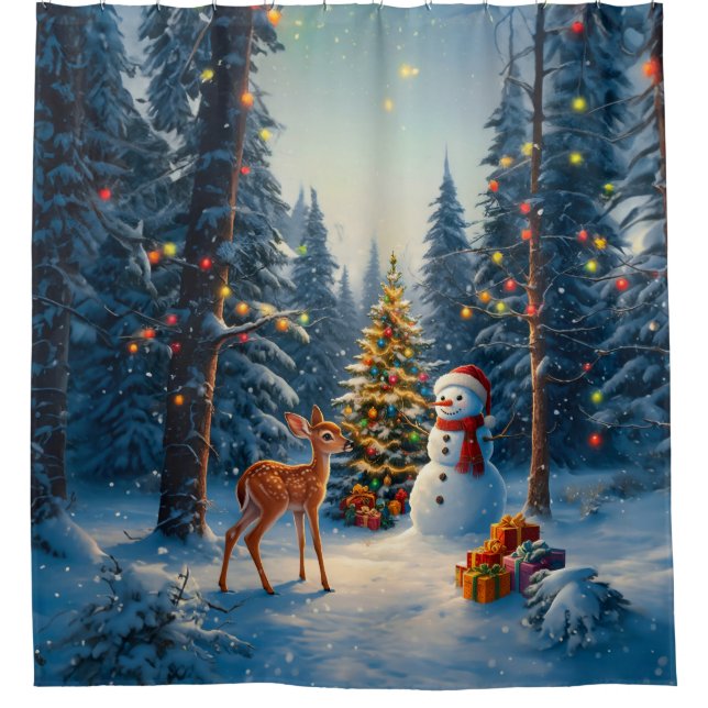 Weihnachtsbaum Szene Niedlich Hirschgewächse Snowm Duschvorhang (Vorderseite)