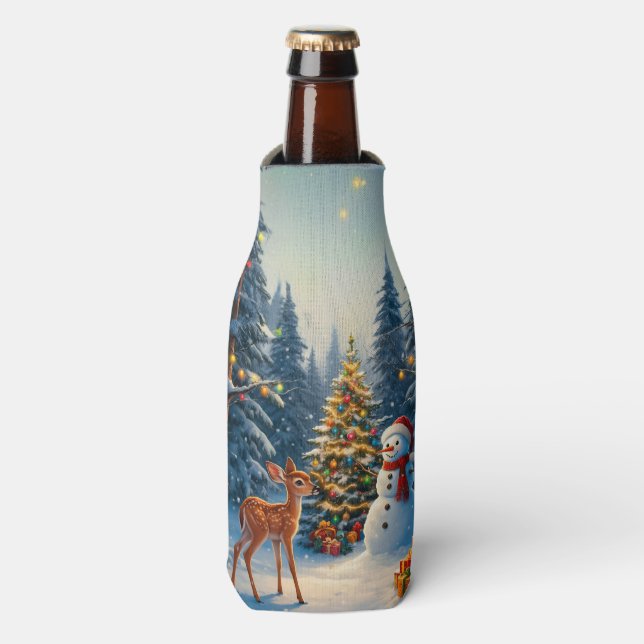 Weihnachtsbaum Szene Niedlich Hirschgewächse Snowm Flaschenkühler (Flaschenvorderseite)