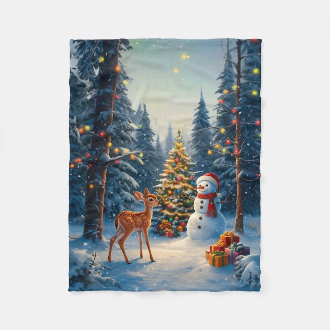 Weihnachtsbaum Szene Niedlich Hirschgewächse Snowm Fleecedecke (Vorderseite)