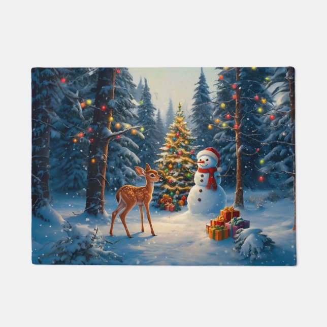 Weihnachtsbaum Szene Niedlich Hirschgewächse Snowm Fußmatte (Vorderseite)
