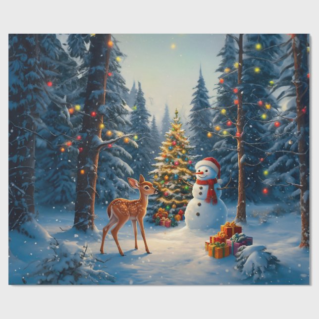 Weihnachtsbaum Szene Niedlich Hirschgewächse Snowm Geschenkpapier (Flach)