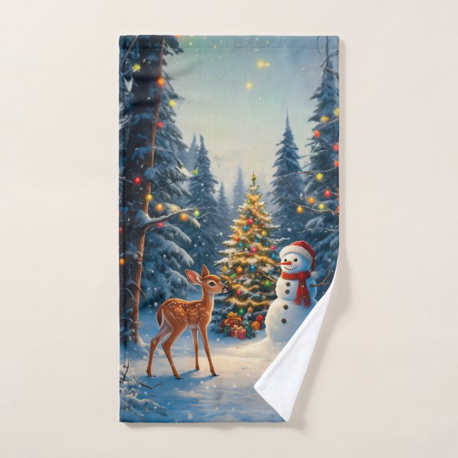 Weihnachtsbaum Szene Niedlich Hirschgewächse Snowm Handtuch (Handtuch)