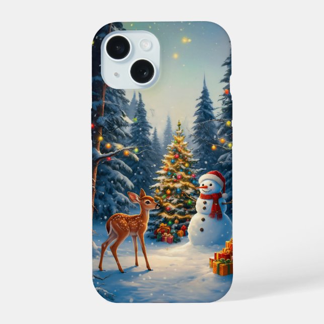 Weihnachtsbaum Szene Niedlich Hirschgewächse Snowm iPhone 15 Hülle (Rückseite)