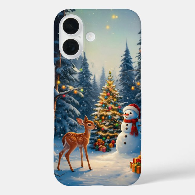 Weihnachtsbaum Szene Niedlich Hirschgewächse Snowm iPhone 16 Hülle (Rückseite)