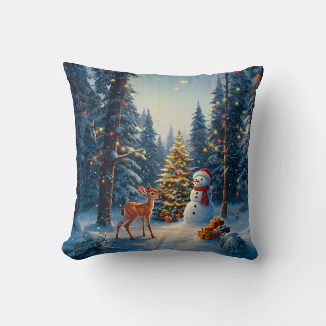 Weihnachtsbaum Szene Niedlich Hirschgewächse Snowm Kissen (Vorderseite)