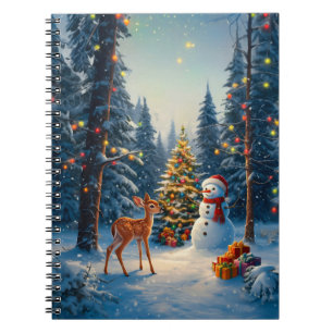 Weihnachtsbaum Szene Niedlich Hirschgewächse Snowm Notizblock