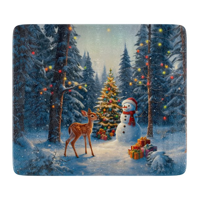 Weihnachtsbaum Szene Niedlich Hirschgewächse Snowm Schneidebrett (Vorderseite)