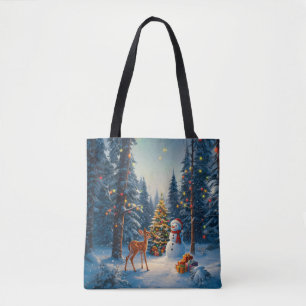 Weihnachtsbaum Szene Niedlich Hirschgewächse Snowm Tasche