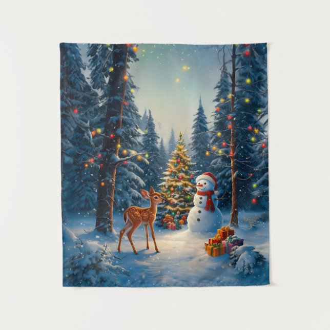 Weihnachtsbaum Szene Niedlich Hirschgewächse Snowm Wandteppich (Vorderseite)