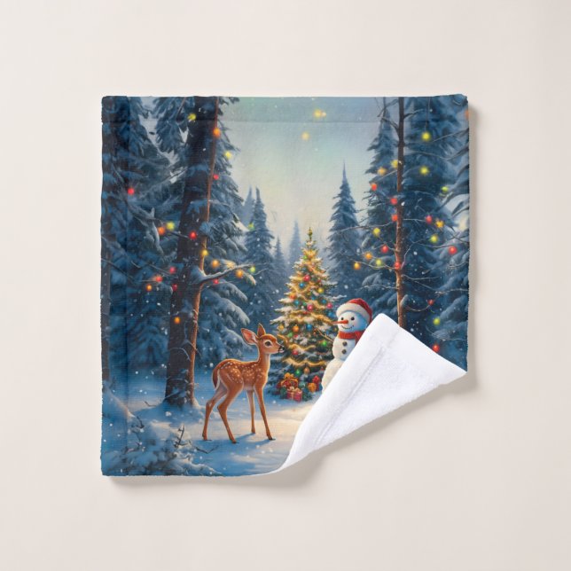 Weihnachtsbaum Szene Niedlich Hirschgewächse Snowm Waschlappen (Waschlappen)