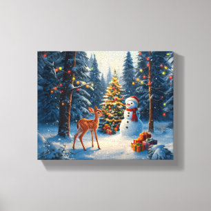 Weihnachtsbaum Szene Süßer Hirsch Reh Schneemann Leinwanddruck