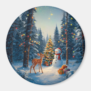 Weihnachtsbaum-Szene Süßer Hirsch Reh Schneemann Magnet