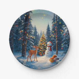 Weihnachtsbaum Szene Süßer Hirsch Reh Schneemann Pappteller