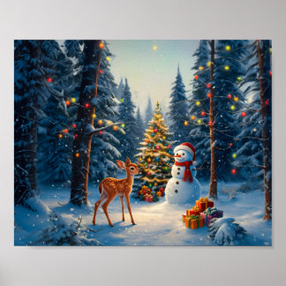 Weihnachtsbaum-Szene Süßer Hirsch Reh Schneemann Poster