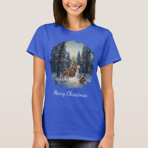 Weihnachtsbaum-Szene Süßer Hirsch Reh Schneemann T-Shirt