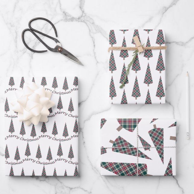 Weihnachtsbaum Tartan Muster auf Weiß Geschenkpapier Set (Vorderseite)