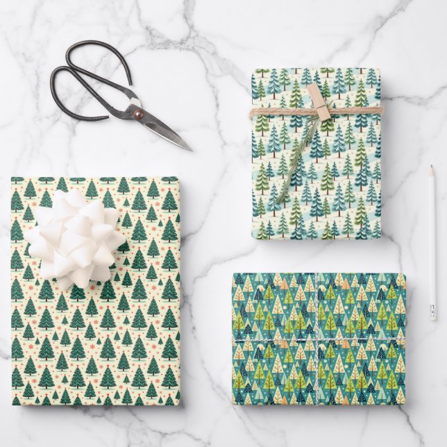 Weihnachtsbaum-Trio Geschenkpapier Set (Vorderseite)