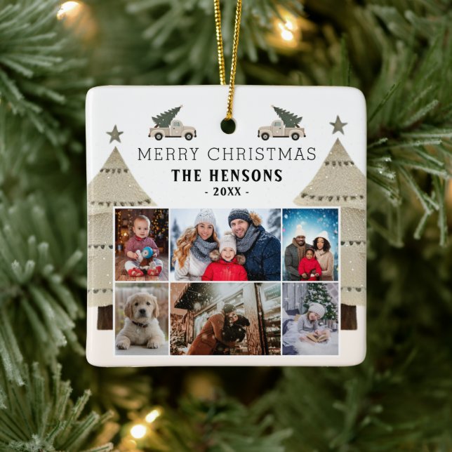 Weihnachtsbaum Truck Familie 6 FotoCollage Keramikornament (Baum)