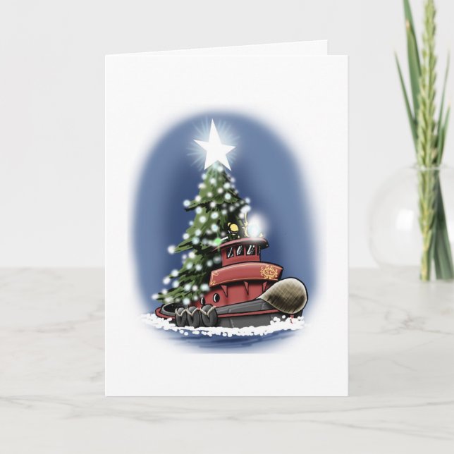 Weihnachtsbaum-Tugboat-Karte Feiertagskarte (Vorderseite)