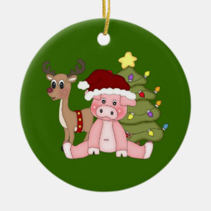 Weihnachtsbaum u. Rudolf-Schwein-Verzierung Keramik Ornament