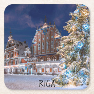 Weihnachtsbaum und Blackheads Haus am Riga Platz Rechteckiger Pappuntersetzer