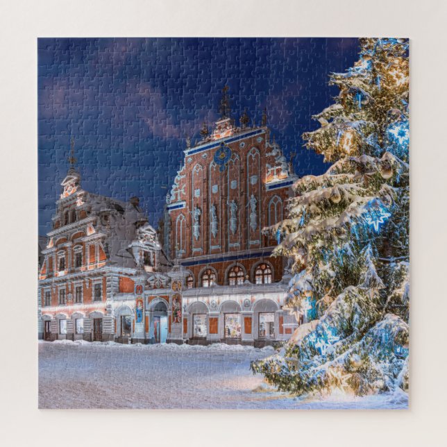 Weihnachtsbaum und Blackheads Haus in Riga (Vertikal)