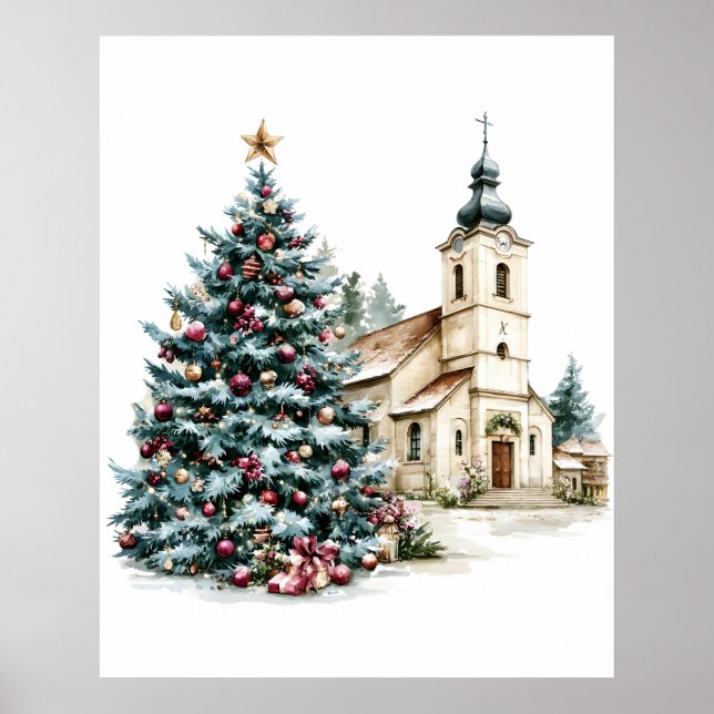 Weihnachtsbaum und Dorfkirche Poster (Vorne)