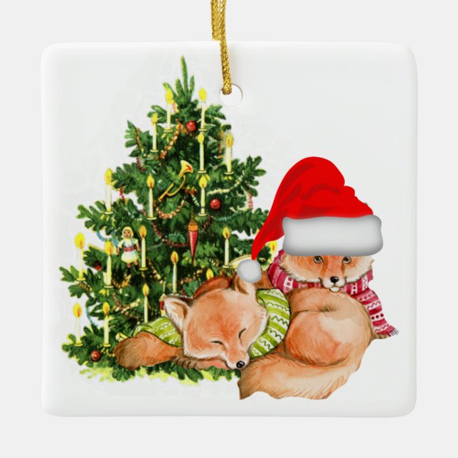 Weihnachtsbaum und Füchse Urlaub Keramikornament (Vorderseite)