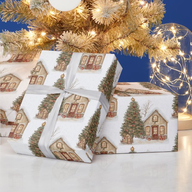 Weihnachtsbaum und gemütliche Winterhütte  Geschenkpapier (Feiertage)