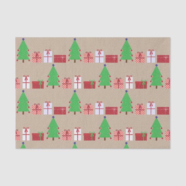 Weihnachtsbaum und Geschenke auf Beige Gewebe Papi Seidenpapier (Vorderseite)