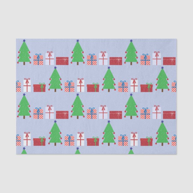 Weihnachtsbaum und Geschenke auf Light Blue Seidenpapier (Vorderseite)