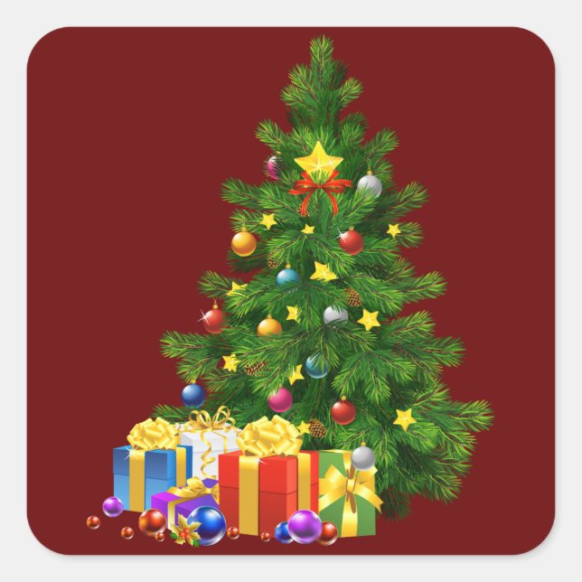 Weihnachtsbaum und Geschenke Quadratischer Aufkleber (Vorderseite)