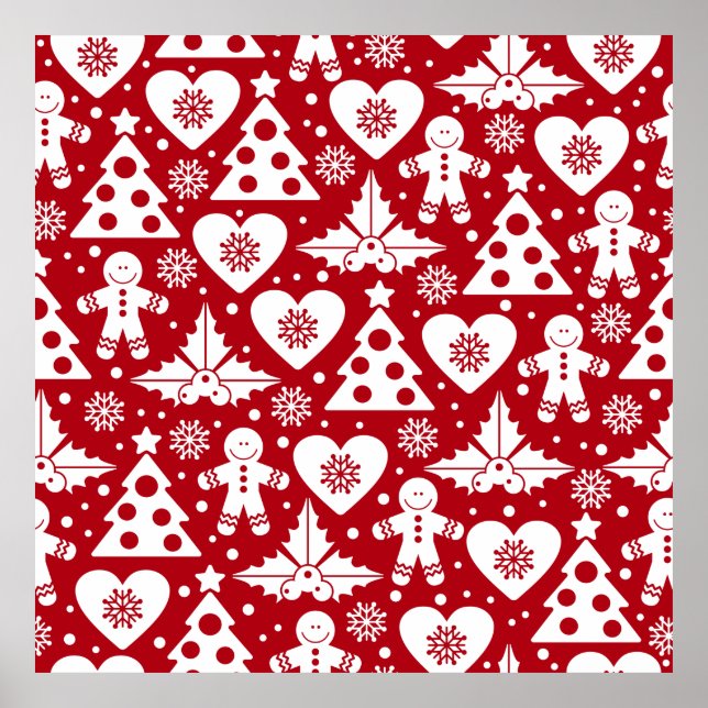 Weihnachtsbaum und Gingerbread Man Pattern auf Rot Poster (Vorne)