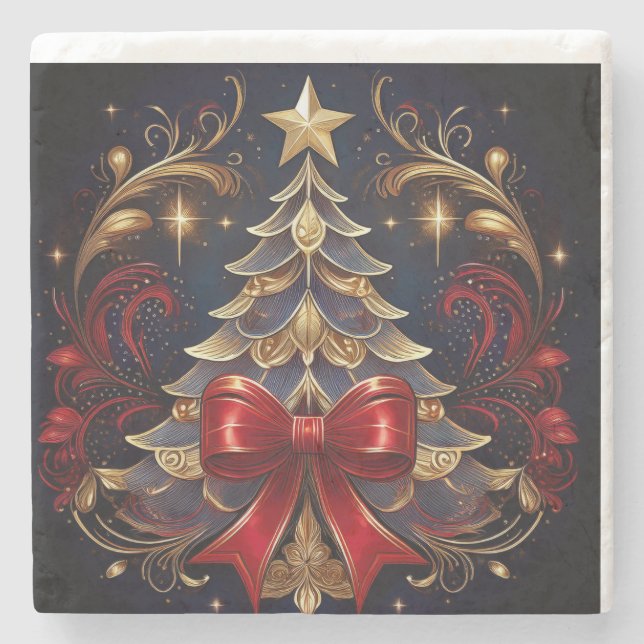 Weihnachtsbaum und große rote Kuh Steinuntersetzer (Vorderseite)