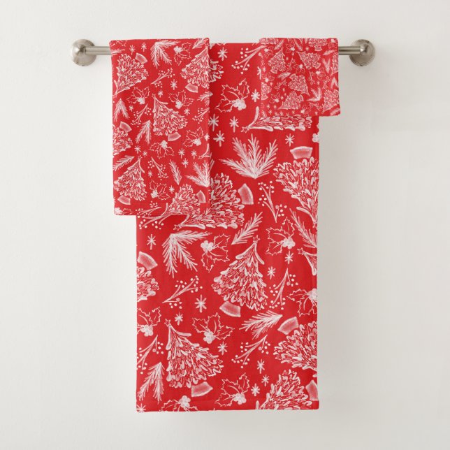 Weihnachtsbaum und Holly in Rot und Weiß Badhandtuch Set (Insitu)