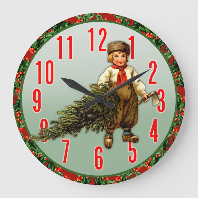 Weihnachtsbaum und Junge Weihnachtszeit Große Wanduhr (Vorderseite)