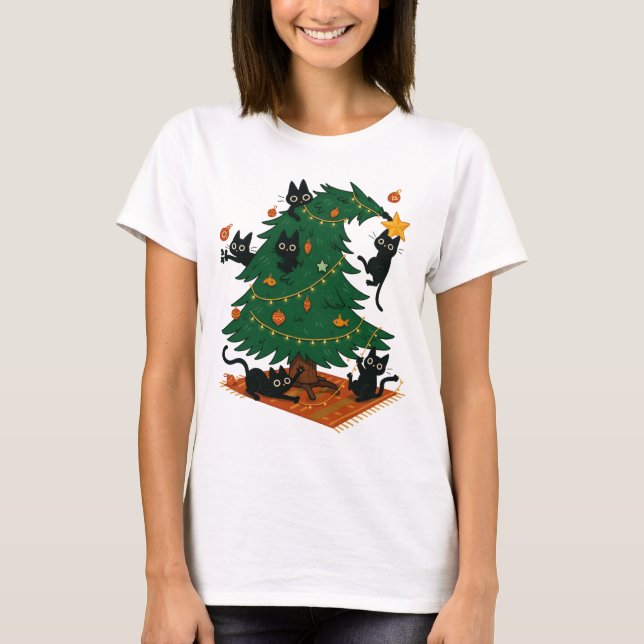 Weihnachtsbaum und Katze T-Shirt (Vorderseite)