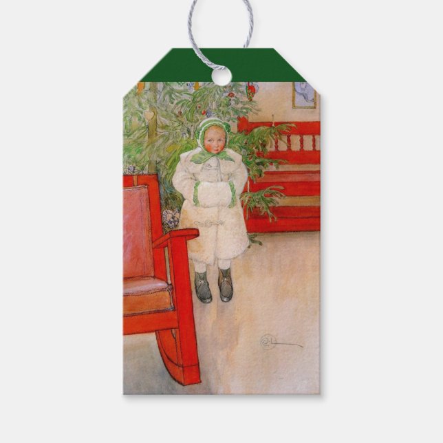 Weihnachtsbaum und Kind in Pelz Geschenkanhänger (Vorderseite)
