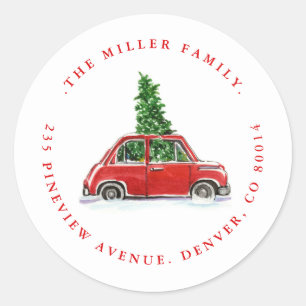 Weihnachtsbaum und kleine Red Car-Urlaubsadresse Runder Aufkleber